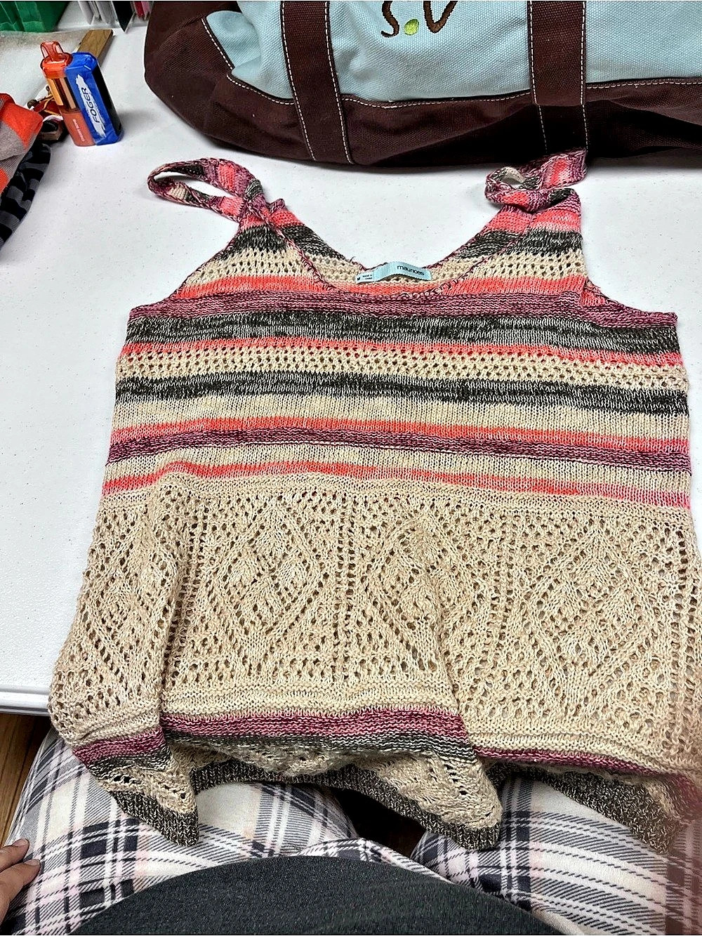 Maurices Striped Knit Tank Top in Pink & Beige Size Medium